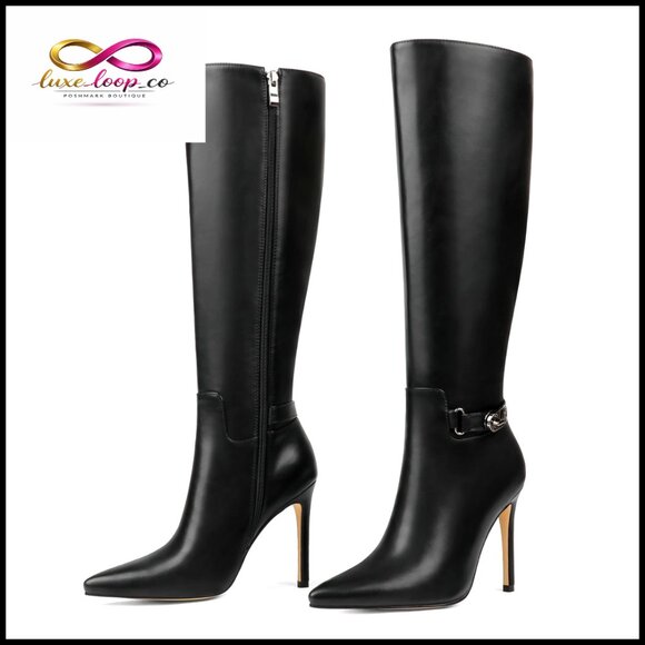 Shoes - Knee High Stiletto Boots with Buckle and Zipper, Pointed Toe, Faux Leather
